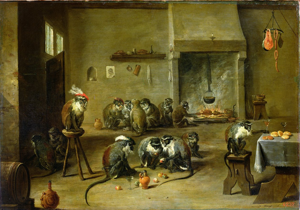 Monkeys in a Kitchen, ca 1645 (olja på duk överförd från panel) av David Teniers the Younger
