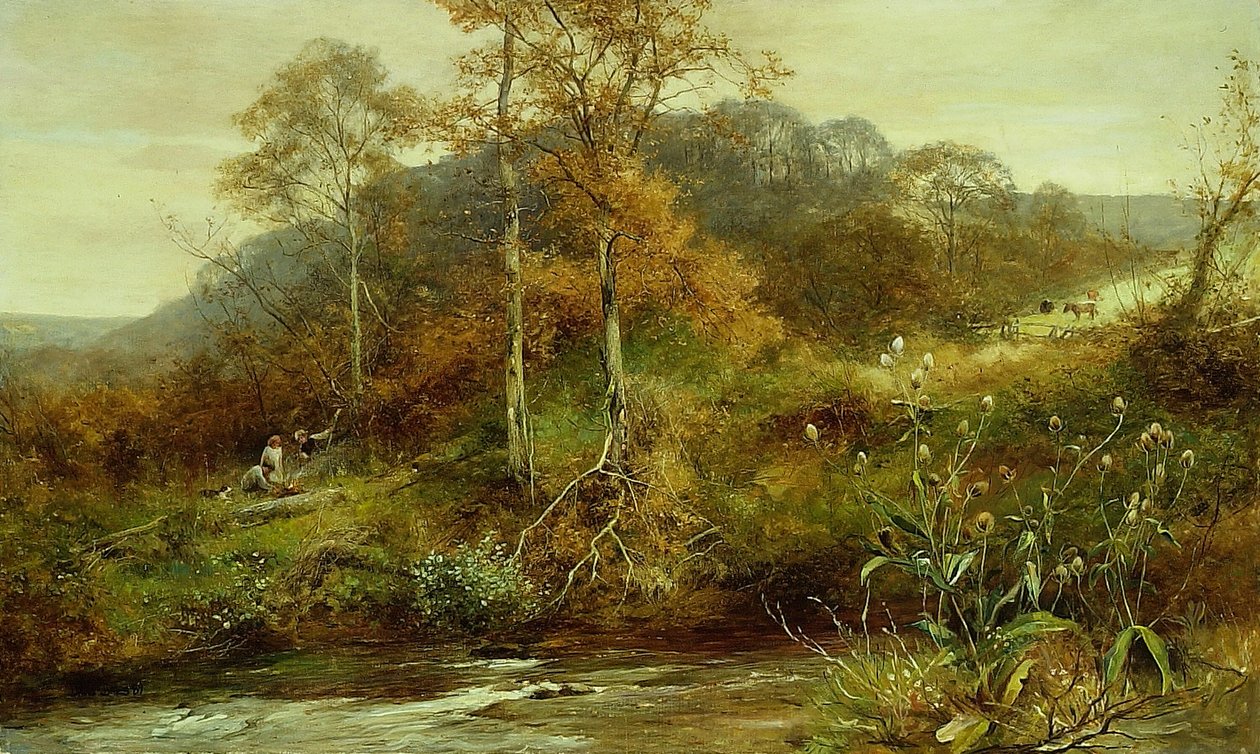 Autumn River Scene, The Brook, 1889. av David Bates