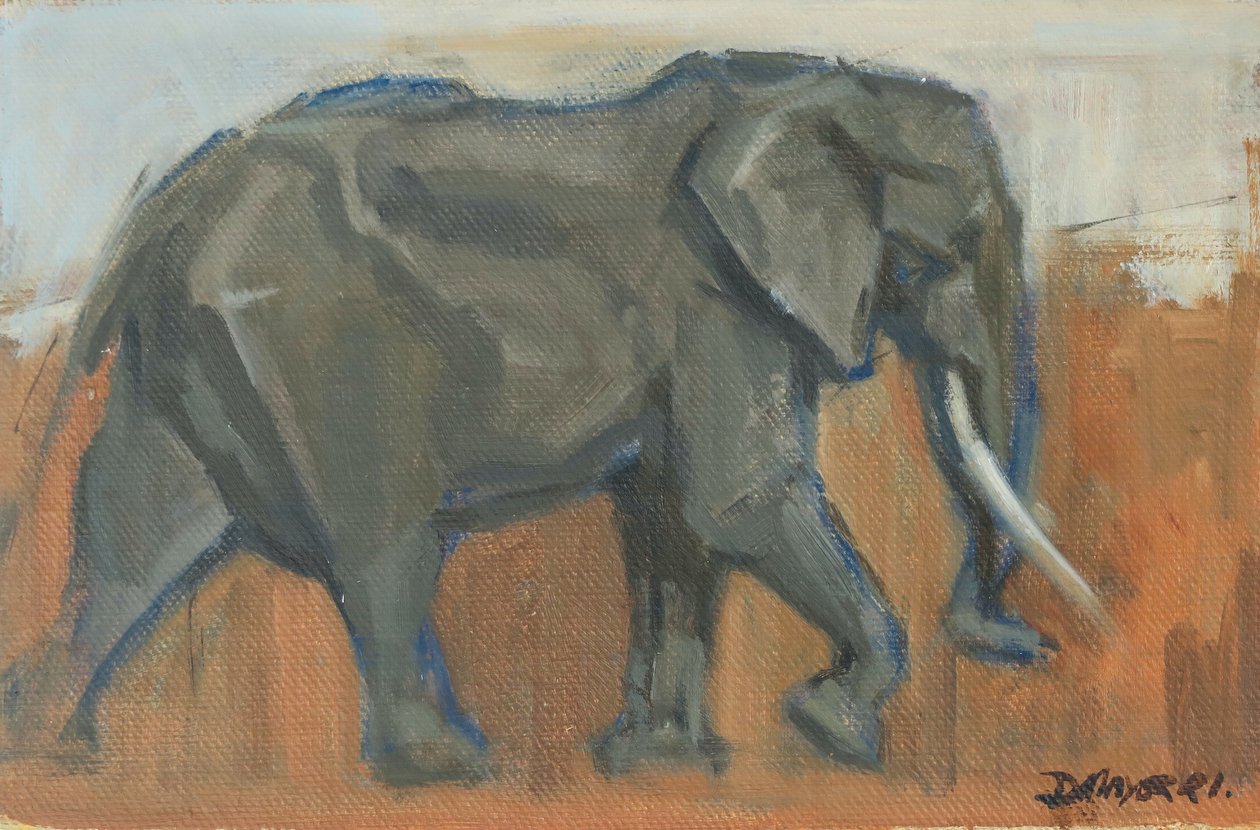 Bull Elephant, 2019 (olja på pannå) av David Mayer