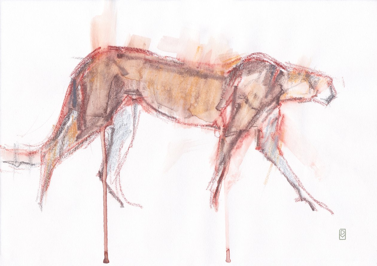 Gepardjakt, 2019 (krita/akvarell på papper) av David Mayer