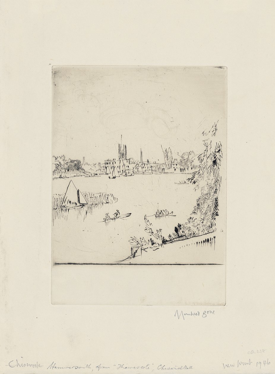 Hammersmith från Thamescote, Chiswick Mall av David Muirhead Bone