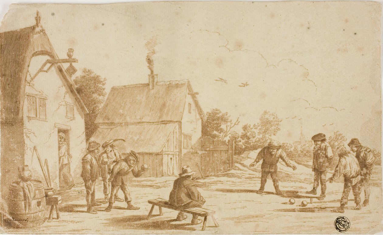 Män spelar boule utanför krog av David Teniers the Younger