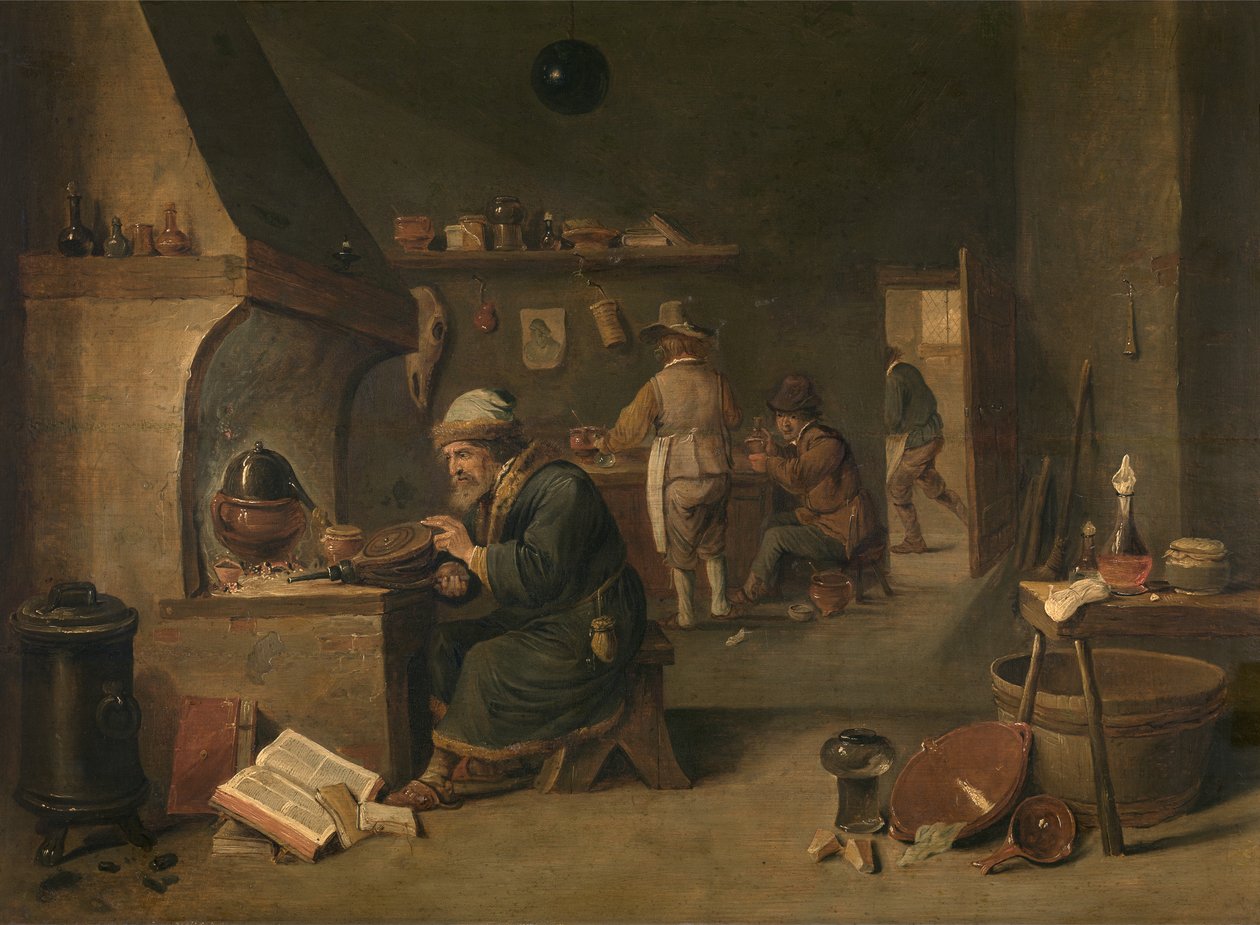 Alkemisten (olja på trä) av David the Younger Teniers