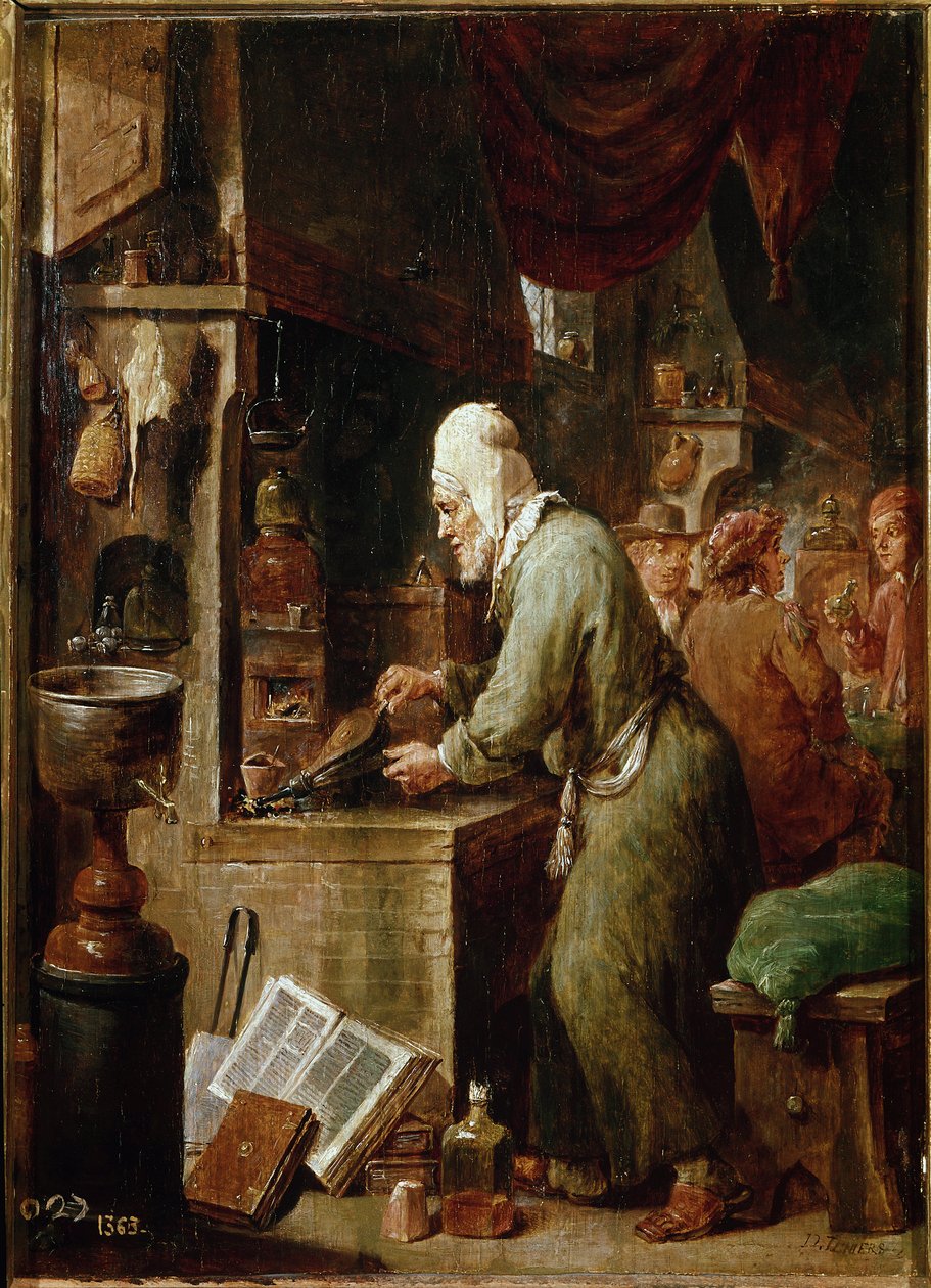Alkemisten (olja på panel av David Teniers the Younger