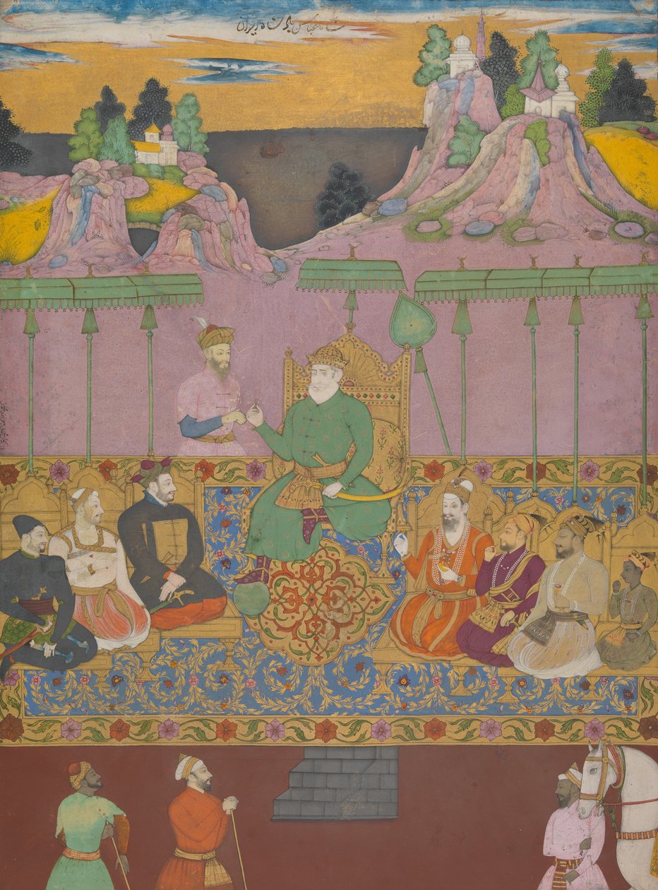 The House of Bijapur, c.1680 (bläck, ogenomskinlig akvarell, guld och silver på papper) av Deccani School