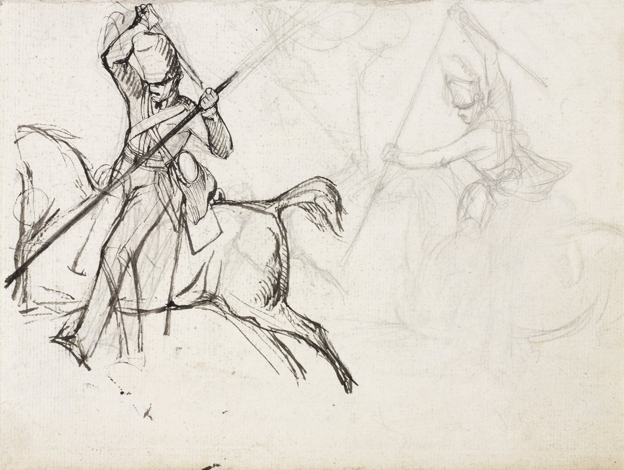 Studier för figuren Sergeant Ewart, Scots Greys, för målningen som visar hans fångst av den franska örnen i slaget vid Waterloo, 1815, c.1817 (penna och bläck på papper) av Denis Dighton