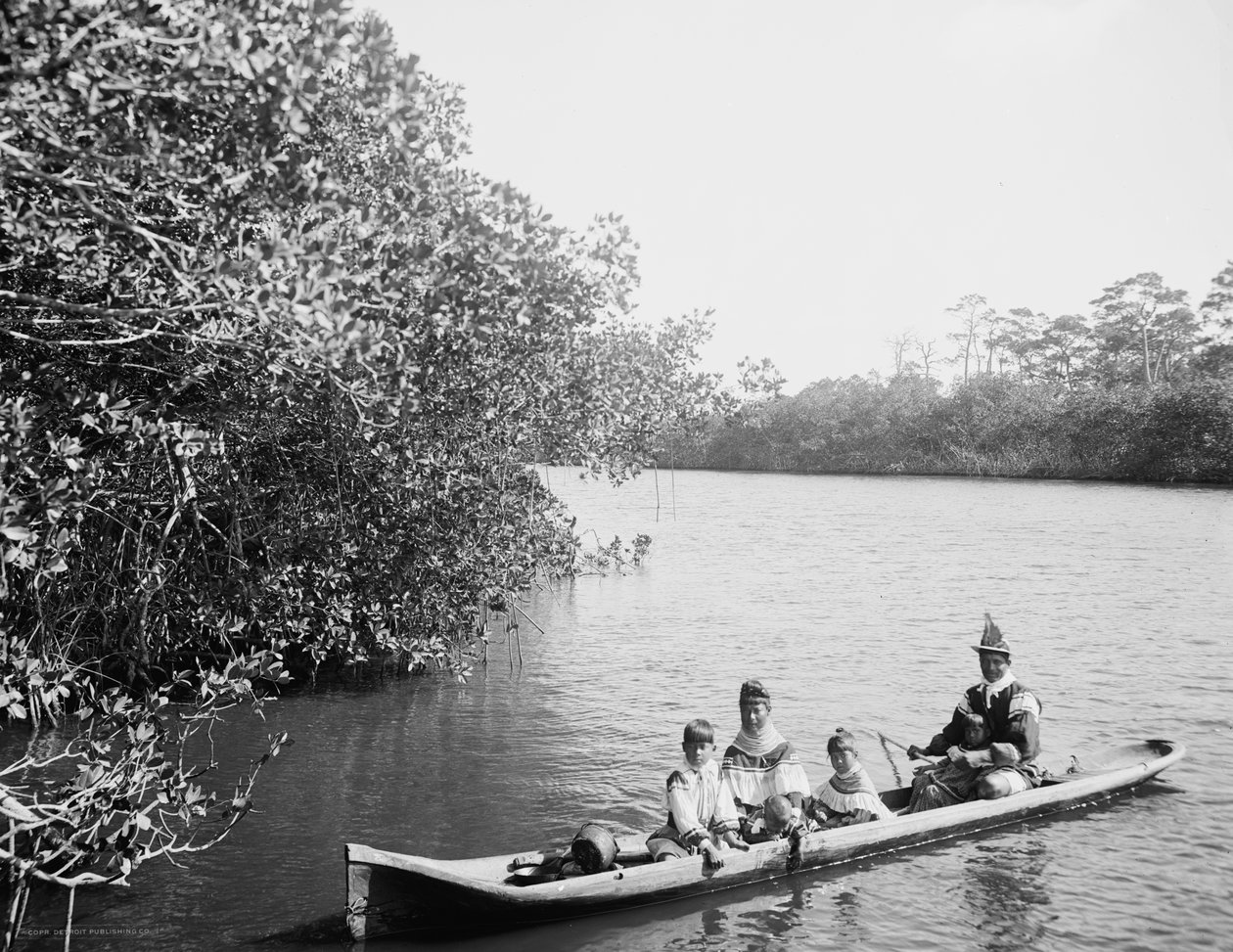 Seminole Indian and family dugout canoe, Miami, Florida, c.1910-20 av Detroit Publishing Co.