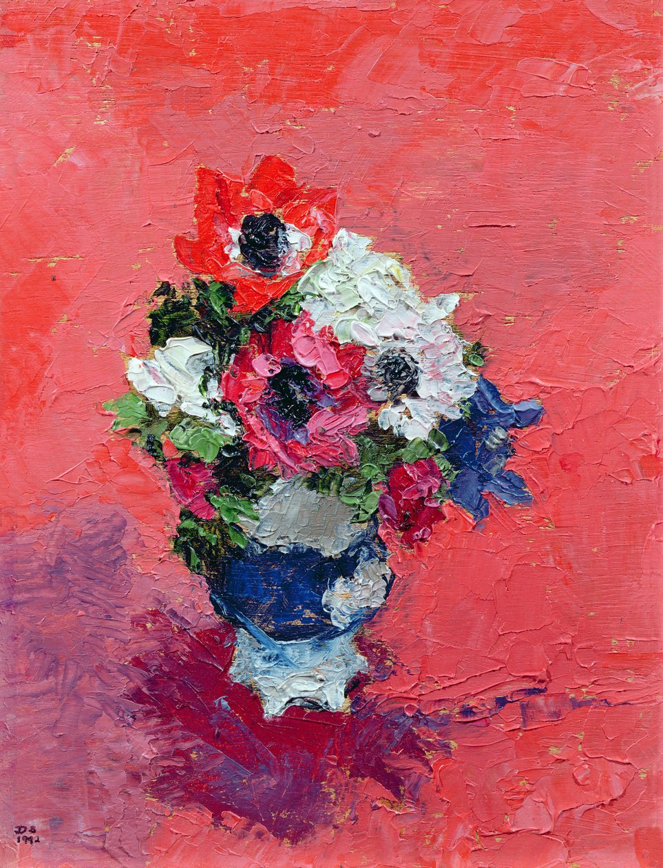 Anemoner på röd mark, 1992 (bräda) av Diana Schofield