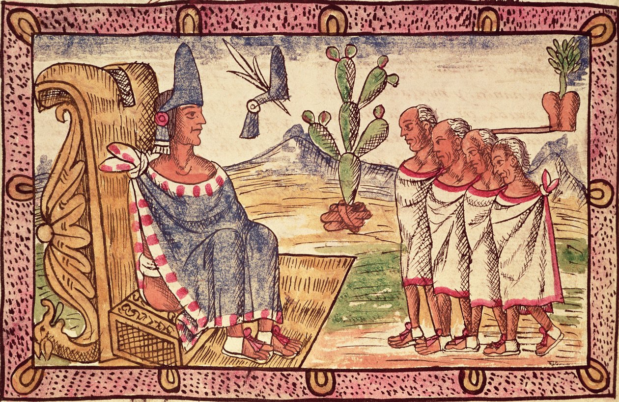 Fol.156v Montezuma II (1466-1520) och hans sändebud till de spanska erövrarna, 1579 av Diego Duran