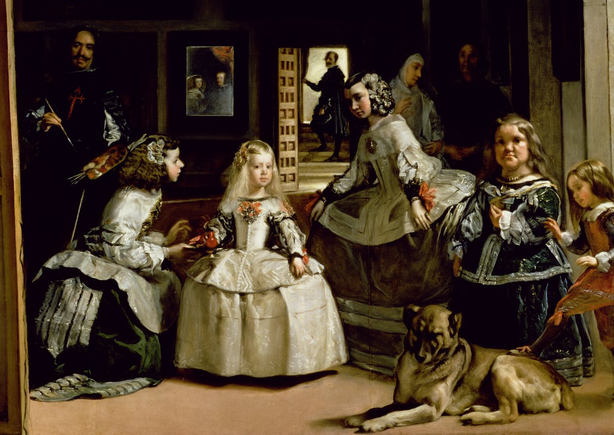 Las Meninas, detalj av den nedre halvan som föreställer Filip IV:s familj (1605-65) av Spanien, 1656 (detalj av 405) av Diego Velázquez
