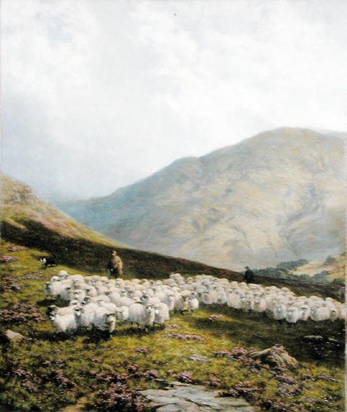 Shepherd and Sheep, Perthshire (olja på duk) av Dixon Clark