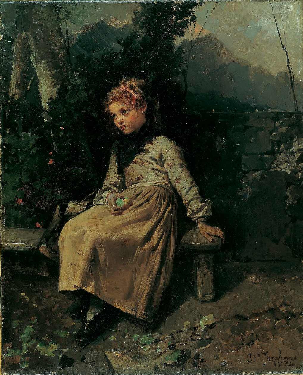 Liten flicka sitter i trädgården av Domenico Induno