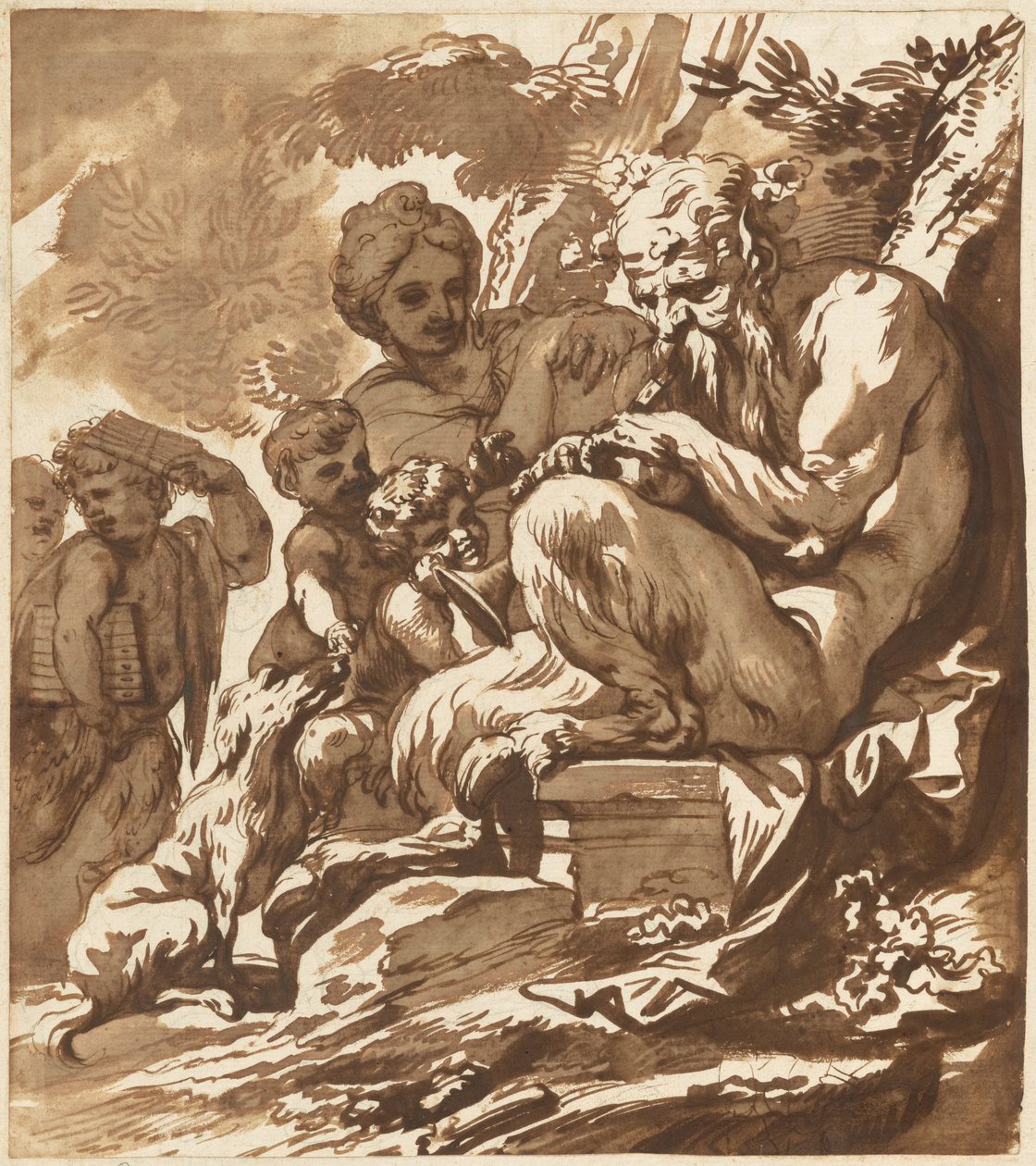 En Satyr som underhåller sin familj av Domenico Piola