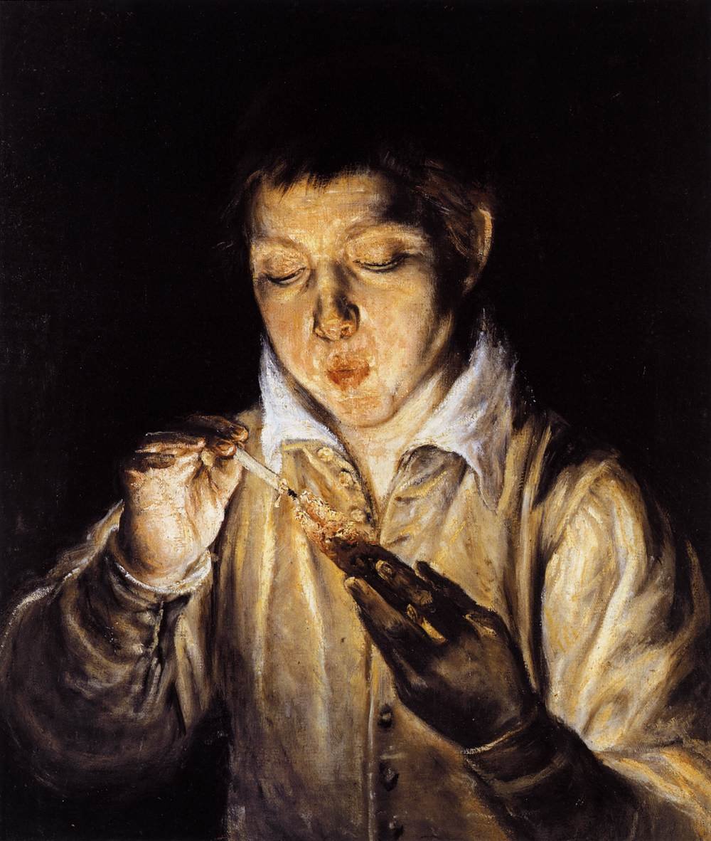 A Boy Blowing on an Ember to Light a Candle  av El Greco