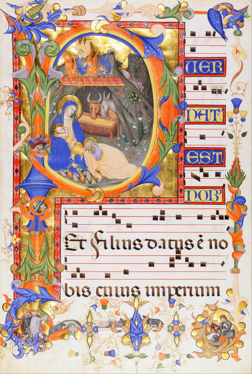 Nativity, i ett initialt P av Don Silvestro dei Gherarducci