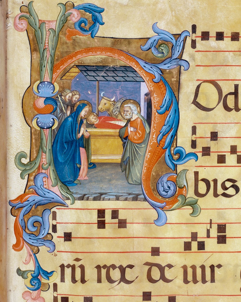 Nativity, miniatyrdetalj av Antiphonary av Don Simone Camaldolese