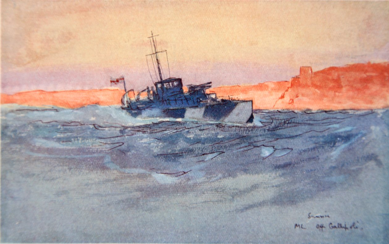Soluppgång: Motorstart utanför Gallipoli, Italien, illustration från "The Naval Front" av Gordon S. Maxwell, 1920. av Donald Maxwell