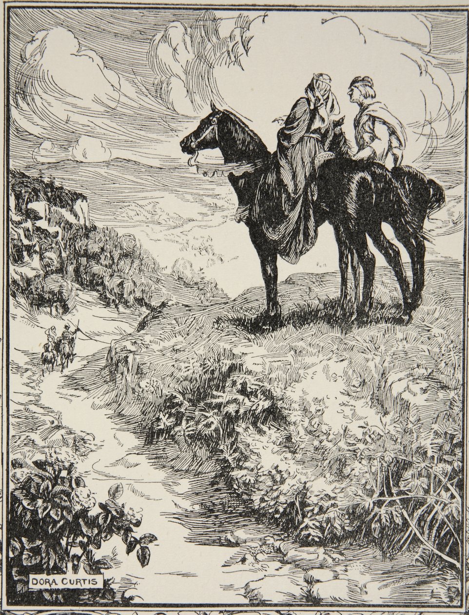 När de väntar på den lilla skogskullen, illustration från "Stories of King Arthur and the Round Table" av Beatrice Clay, 1:a upplagan, 1905 av Dora Curtis