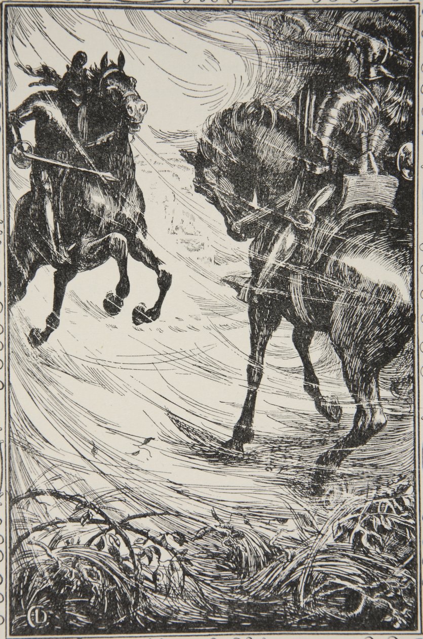 Sår var tävlingen, illustration från "Stories of King Arthur and the Round Table" av Beatrice Clay, 1:a upplagan, 1905 av Dora Curtis