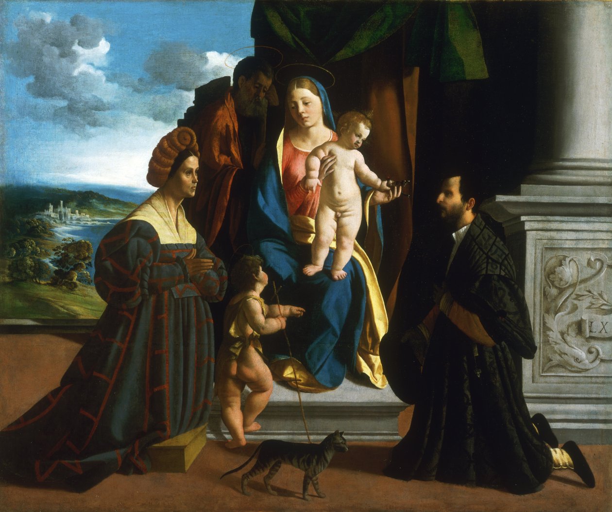 The Holy Family, with the Young Saint John the Baptist, a Cat, and Two Donors  av Dosso Dossi
