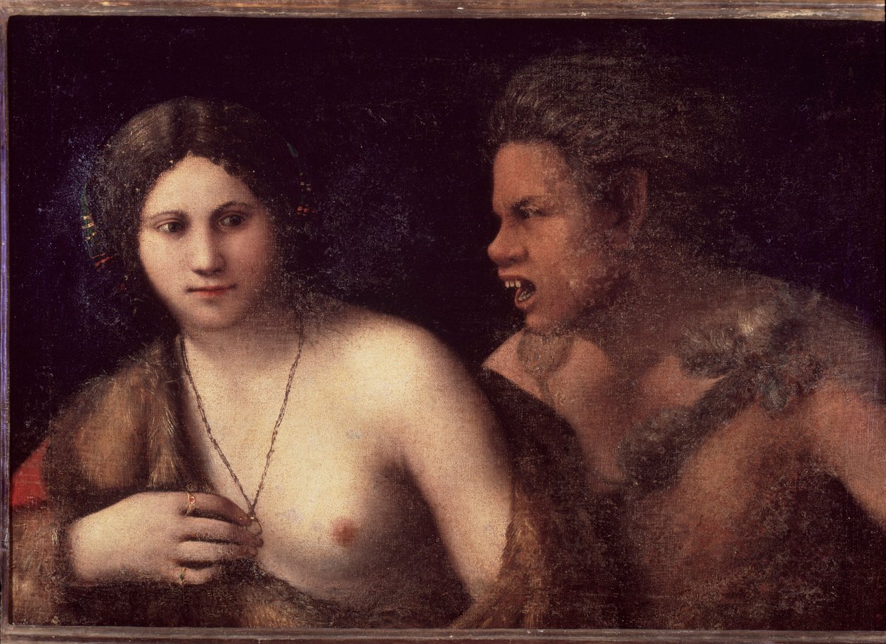 Nymf och satyr - målning av Dosso Dossi