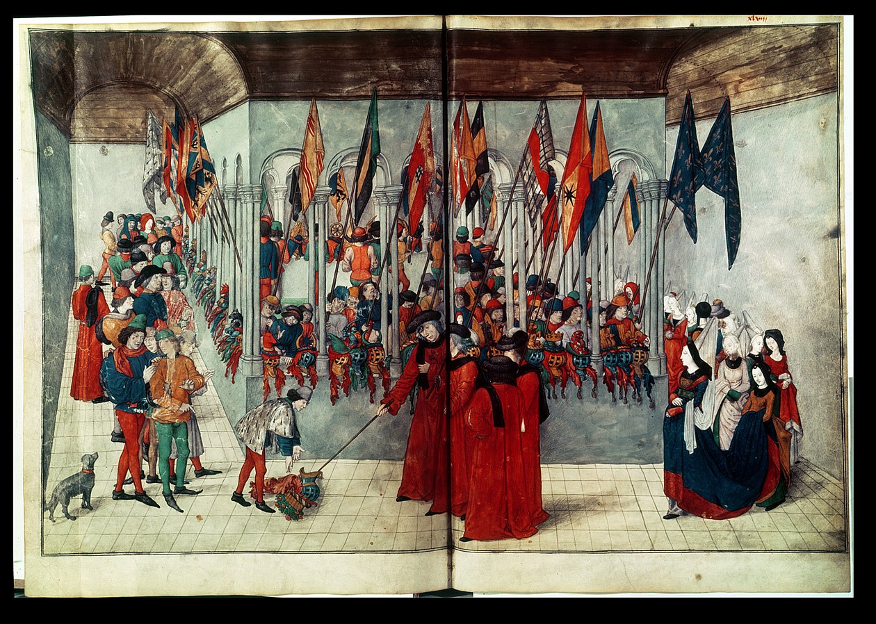 54998 bis Fröken fr. 2692 fol.47v-48r Förberedelser för en turnering, från en avhandling av Duke of Anjou and King of Naples Rene or Renatus I