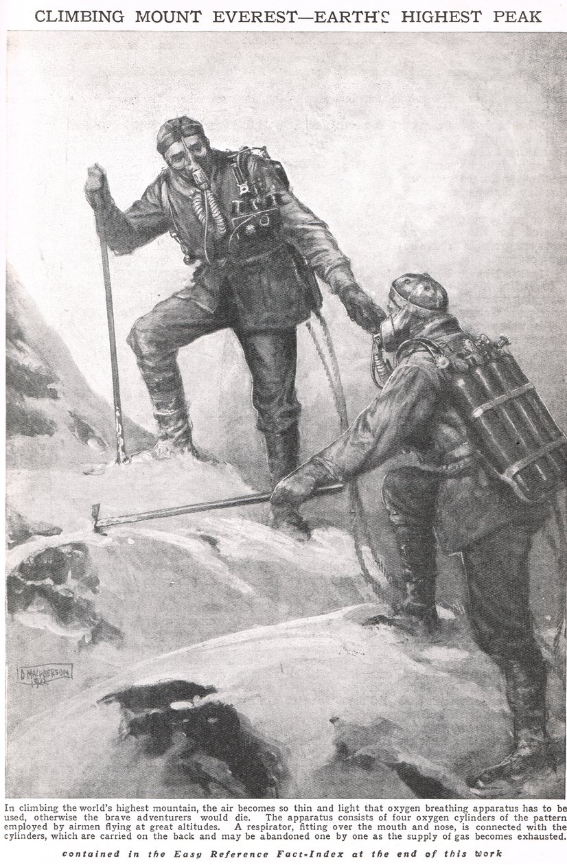 Att klättra på Mount Everest, illustration från Newnes Pictorial Book of Knowledge, ca 1920 av Duncan McPherson