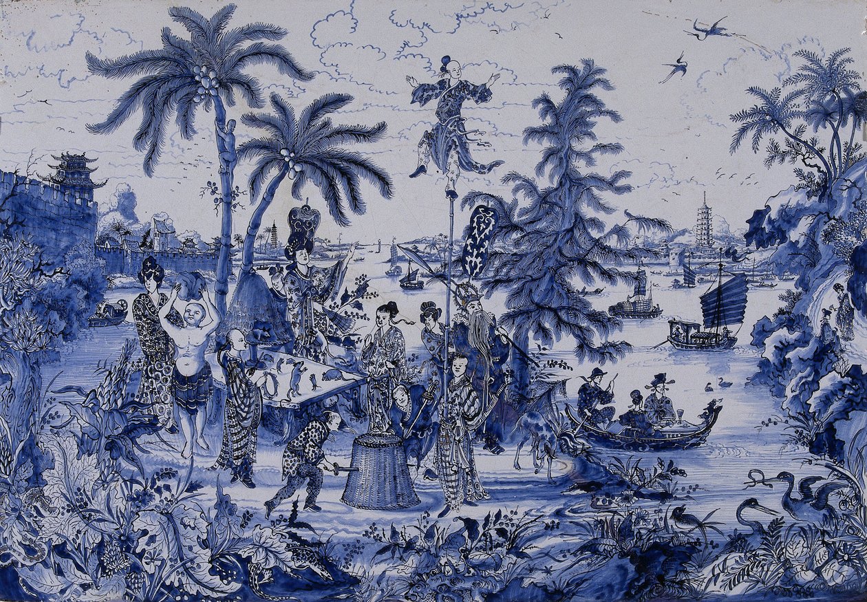 Plakett med ett Chinoiserie-landskap och förgyllda detaljer, ca 1680 (fajans) av Dutch School