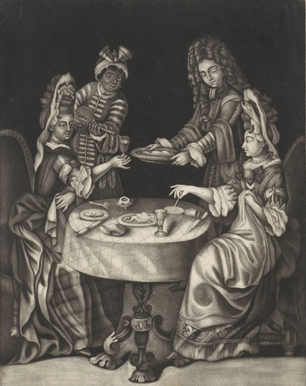 Två damer som serverar middag, 1650-1701 (tryck) av Dutch School