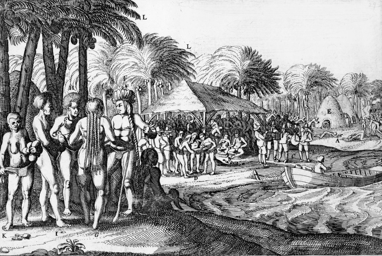 Holländska handlare underhåller lokala polynesier av Dutch School