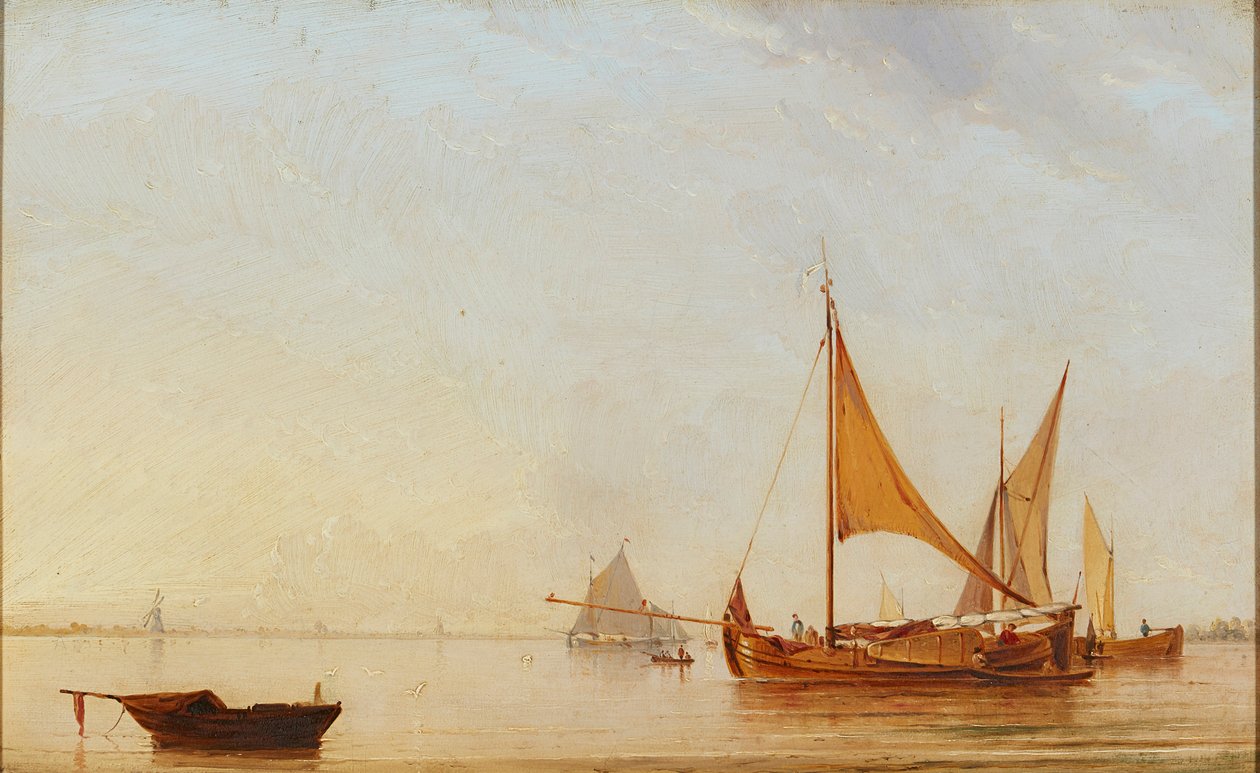 Harboring Boats at Dawn (olja ombord) av Dutch School