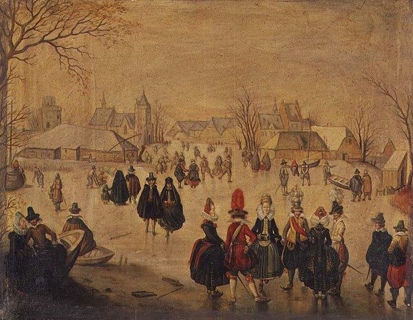 Vinterlandskap: Snygga skridskoåkare på en sjö av Dutch School