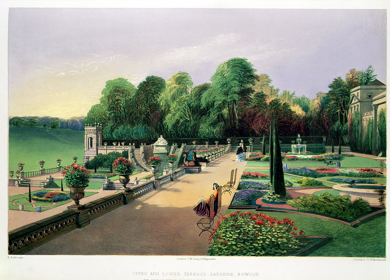 The Upper and Lower Terrace Gardens at Bowood, från "Gardens of England", publicerad 1857 (chromolitho) av E. Adveno Brooke