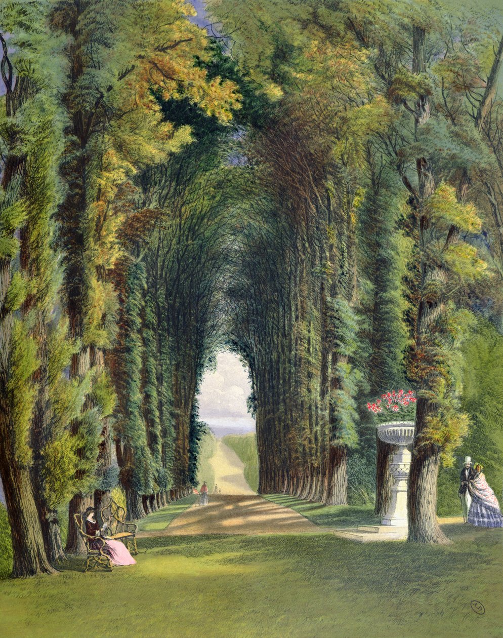 Vista in the Gardens of Teddesley, från "Gardens of England", publicerat 1857. av E. Adveno Brooke