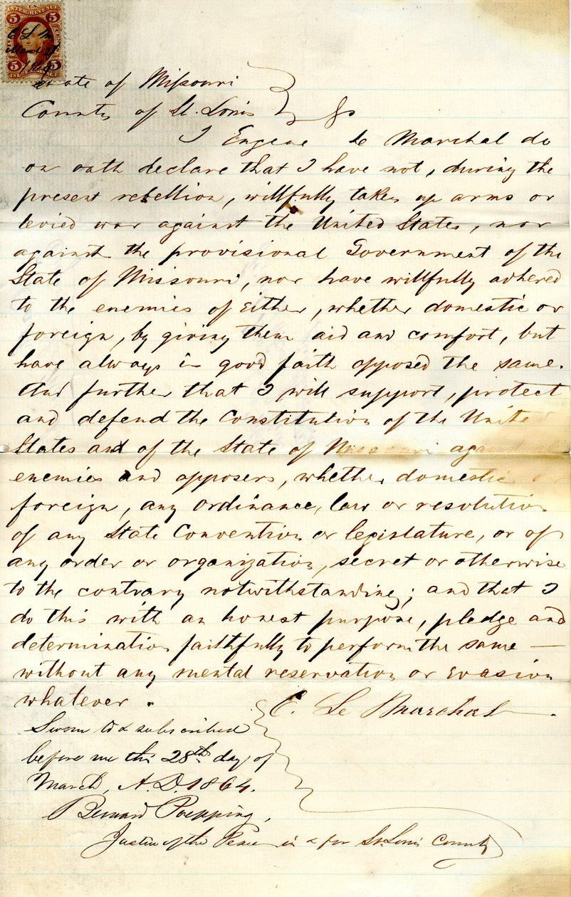 Swears oath of allegiance to the Government of the United States and the State of Missouri av E. LeMarchal