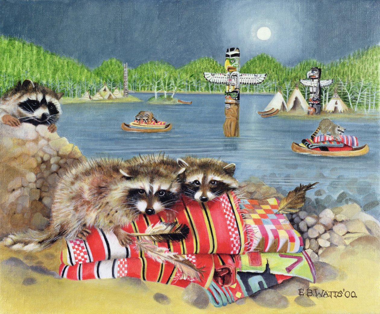 Racoons, 2000 (akryl på duk) av E.B. Watts