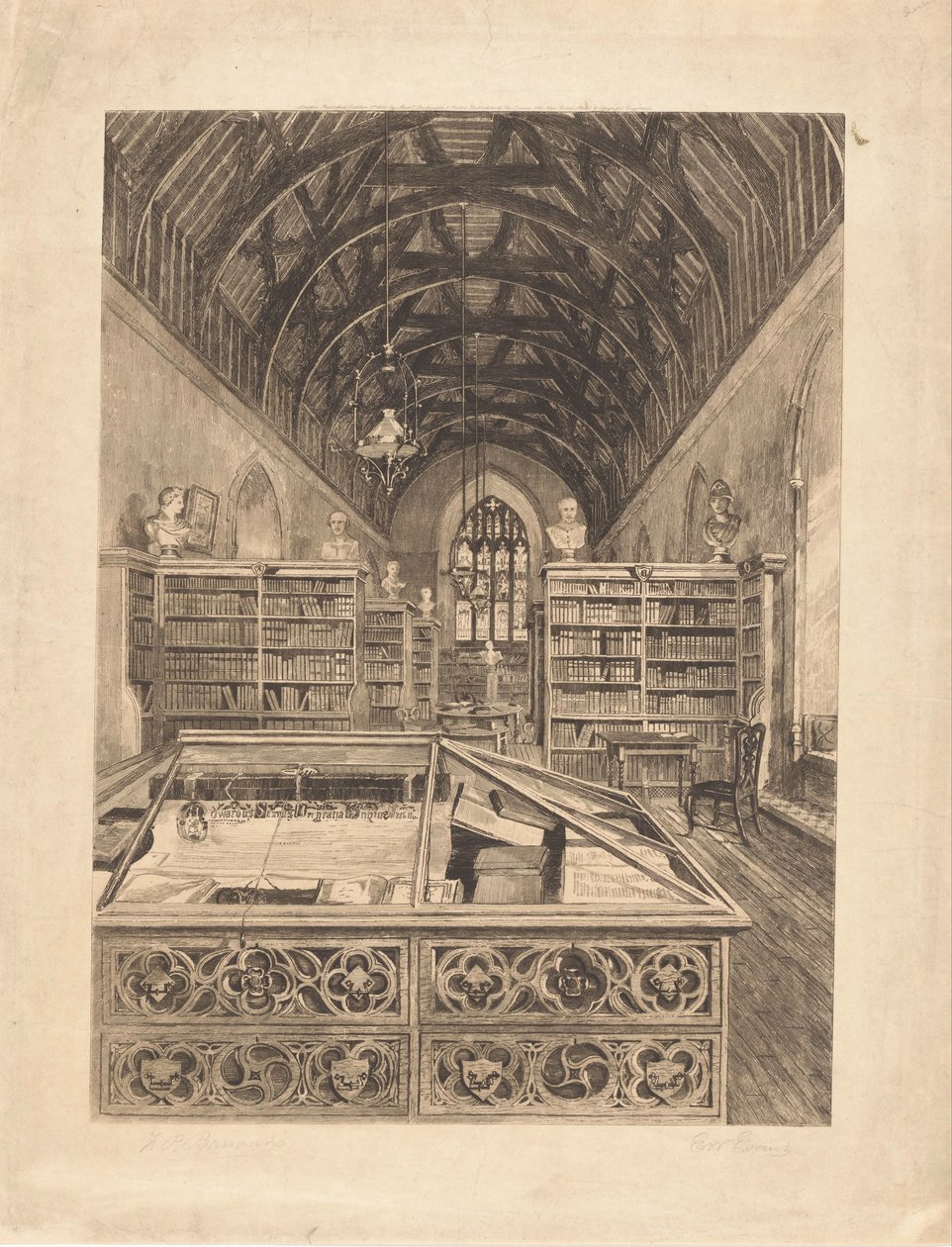 Interiör av ett bibliotek av E.W. Evans (signed by artist)