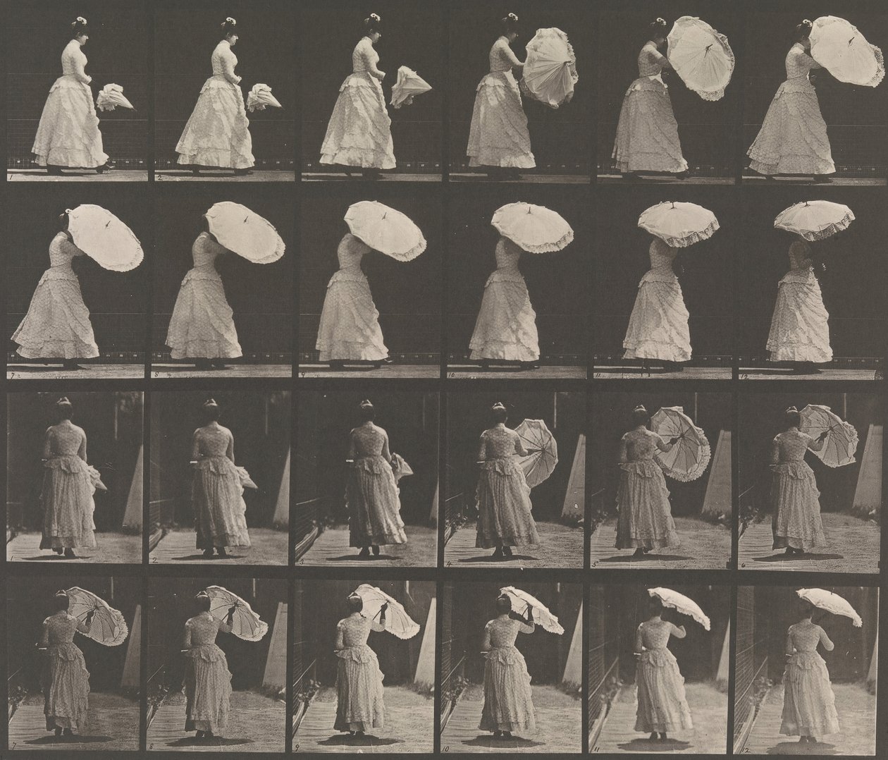 [Kvinna som öppnar parasoll], 1883-86, tryckt 1887. av Eadweard Muybridge