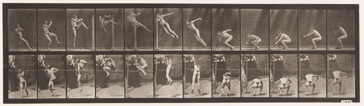 Plåt 157. Hoppning; Att springa Twist High Jump av Eadweard Muybridge