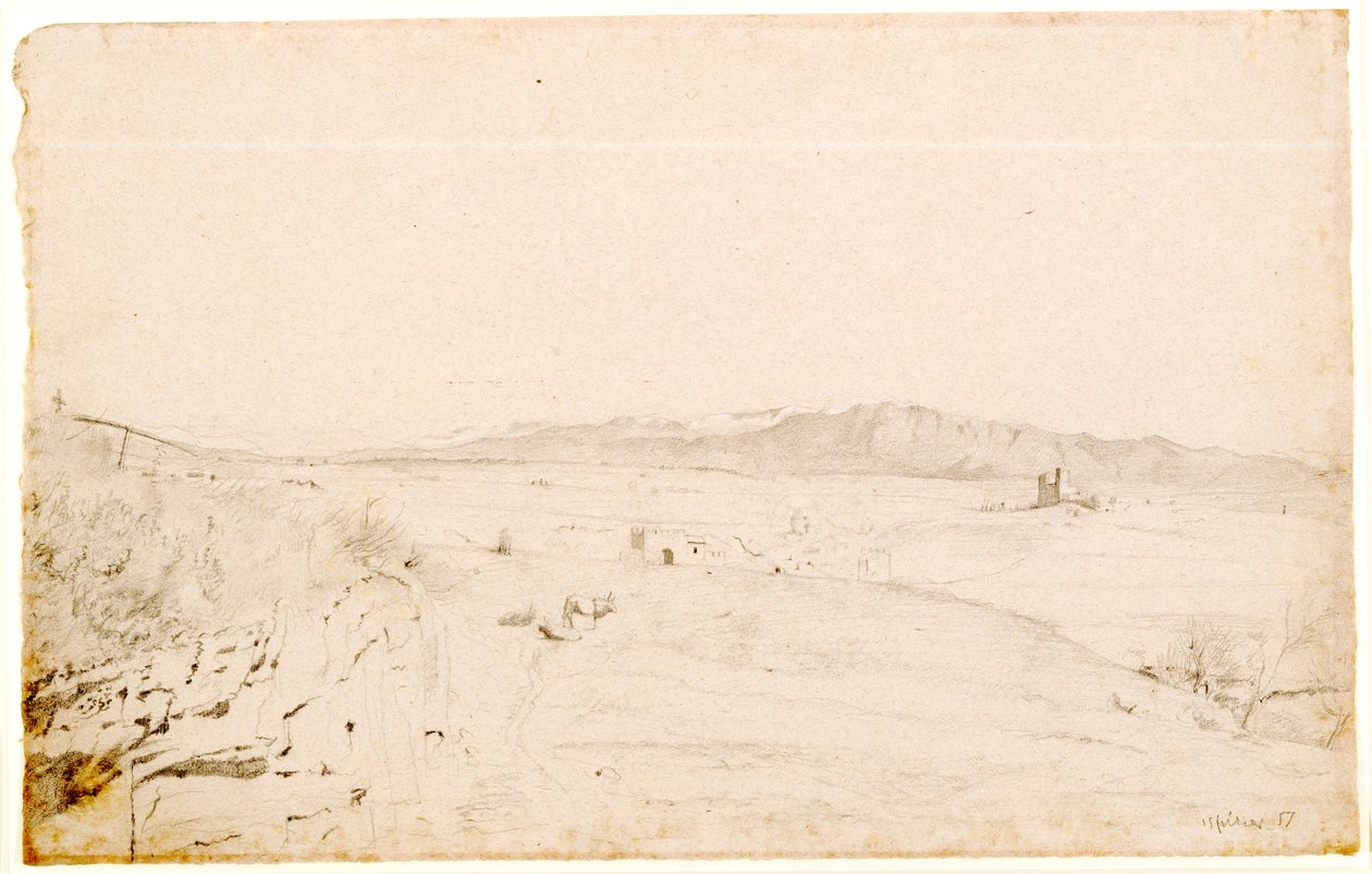 Romerskt landskap, troligen mot Monte Lepini, bortom staden Velletri, 1857 (grafit på rosa papper) av Edgar Degas