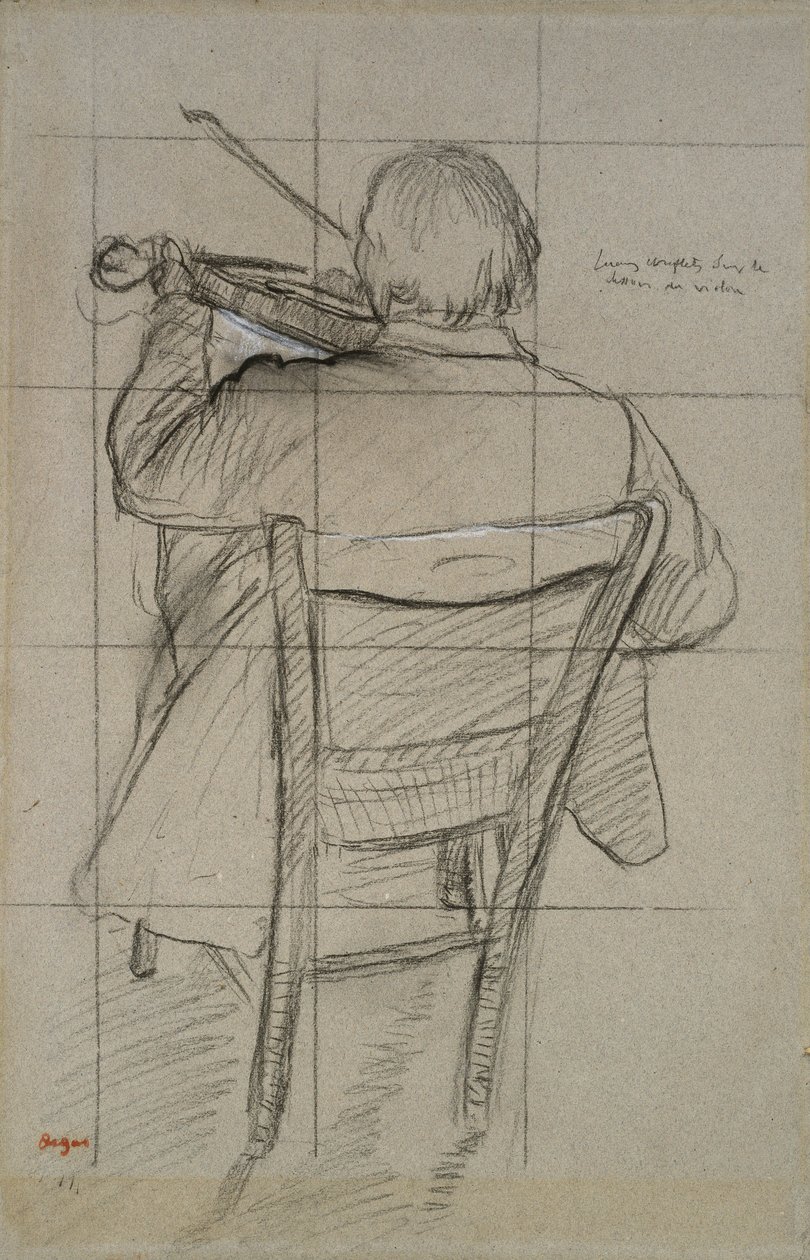 Studie av en violinist sedd bakifrån, 1800-talet (kol förhöjt med vitt på papper) av Edgar Degas