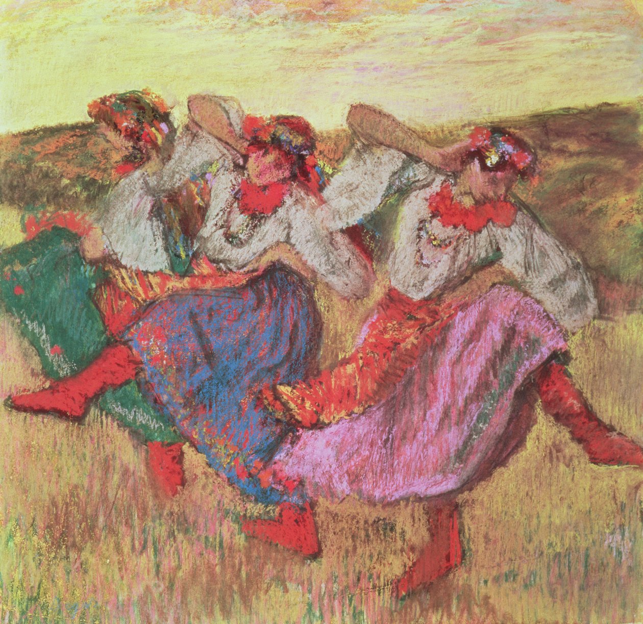 Tre dansare i bondedräkt (pastell) av Edgar Degas