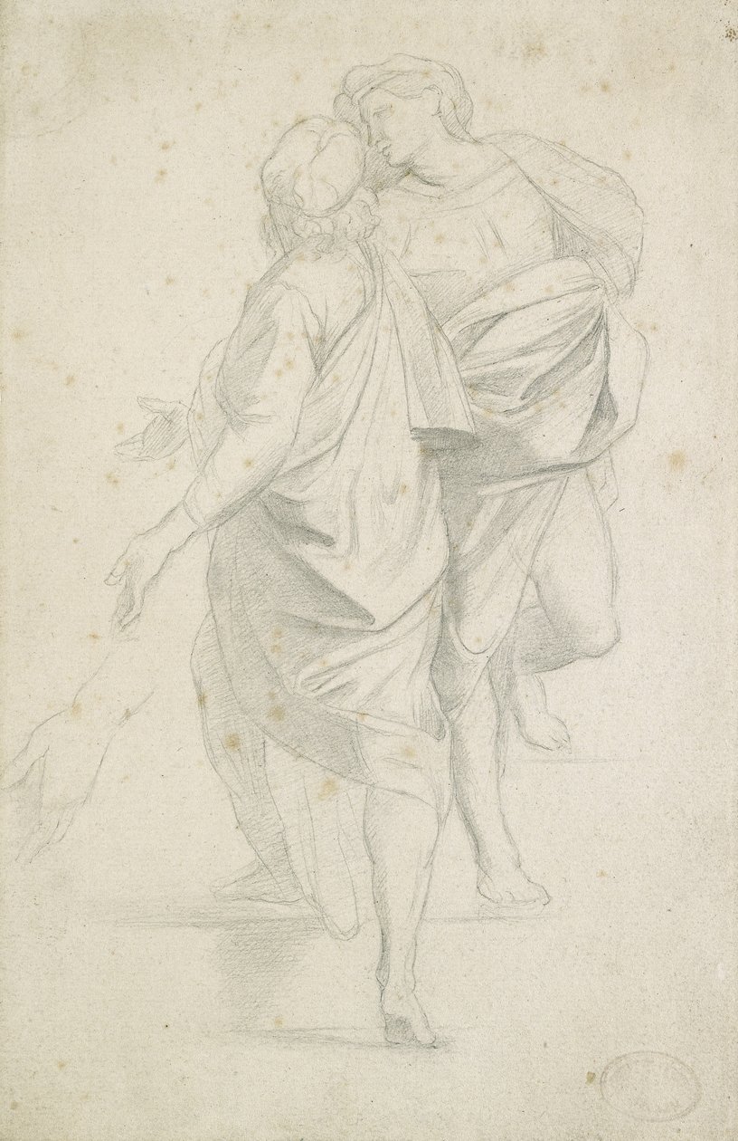 Två figurer som står på en trappa, efter Raphael (grafit på vitt papper med fin textur) av Edgar Degas