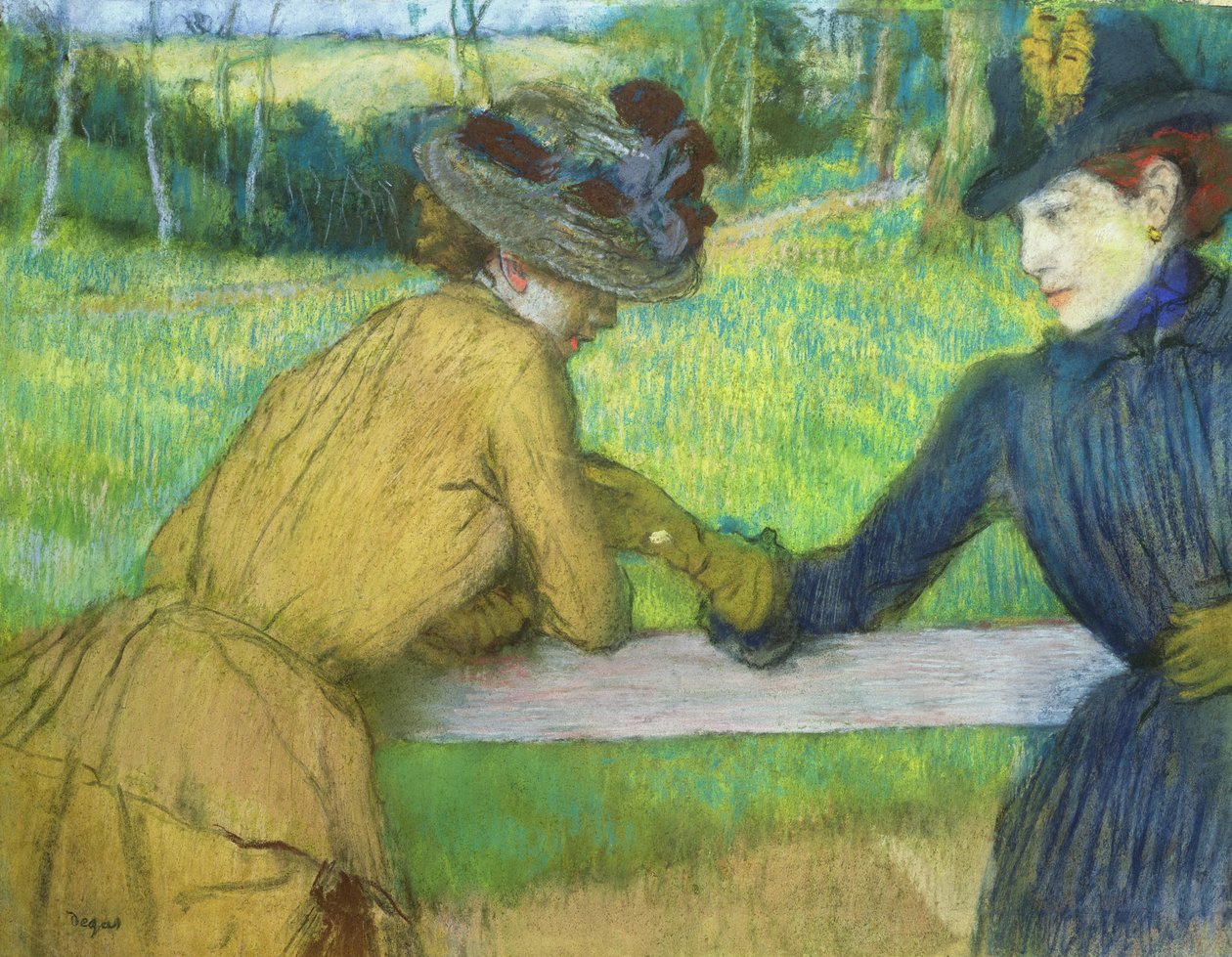 Två kvinnor som lutar sig mot en grind (pastell) av Edgar Degas