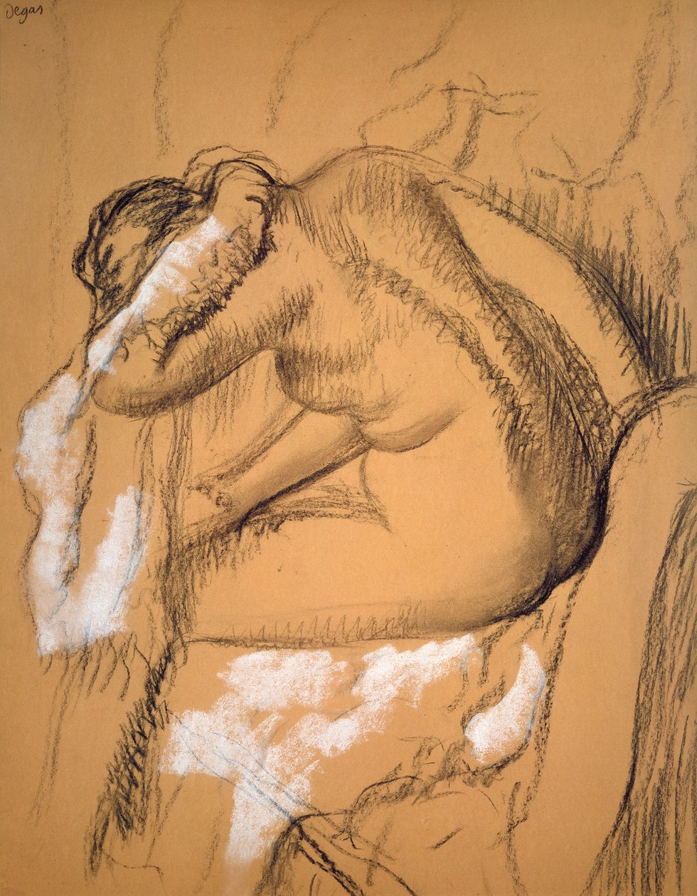 Kvinna som torkar sig (träkol och krita) av Edgar Degas