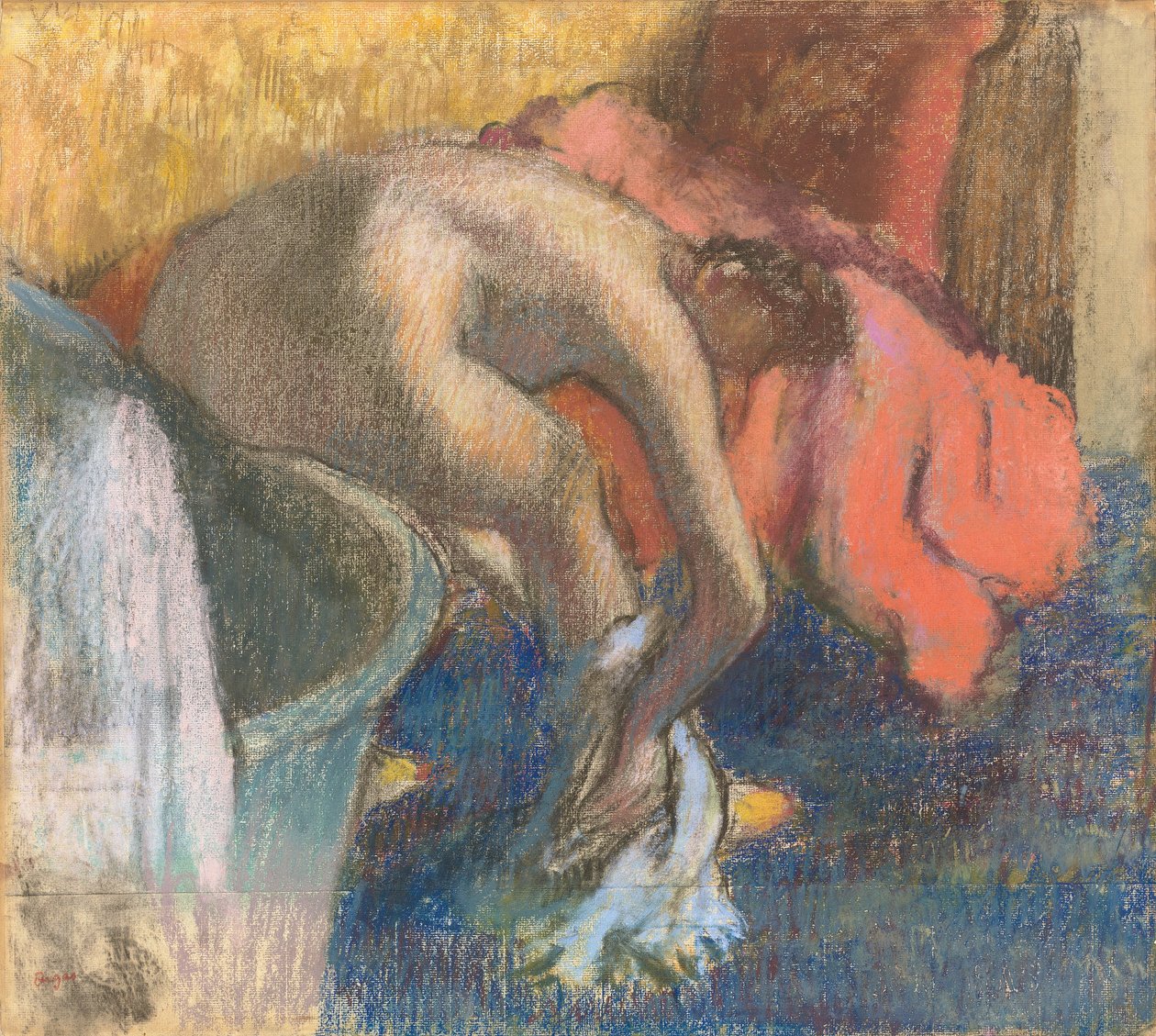 Efter badet, kvinna torkar hennes ben av Edgar Degas