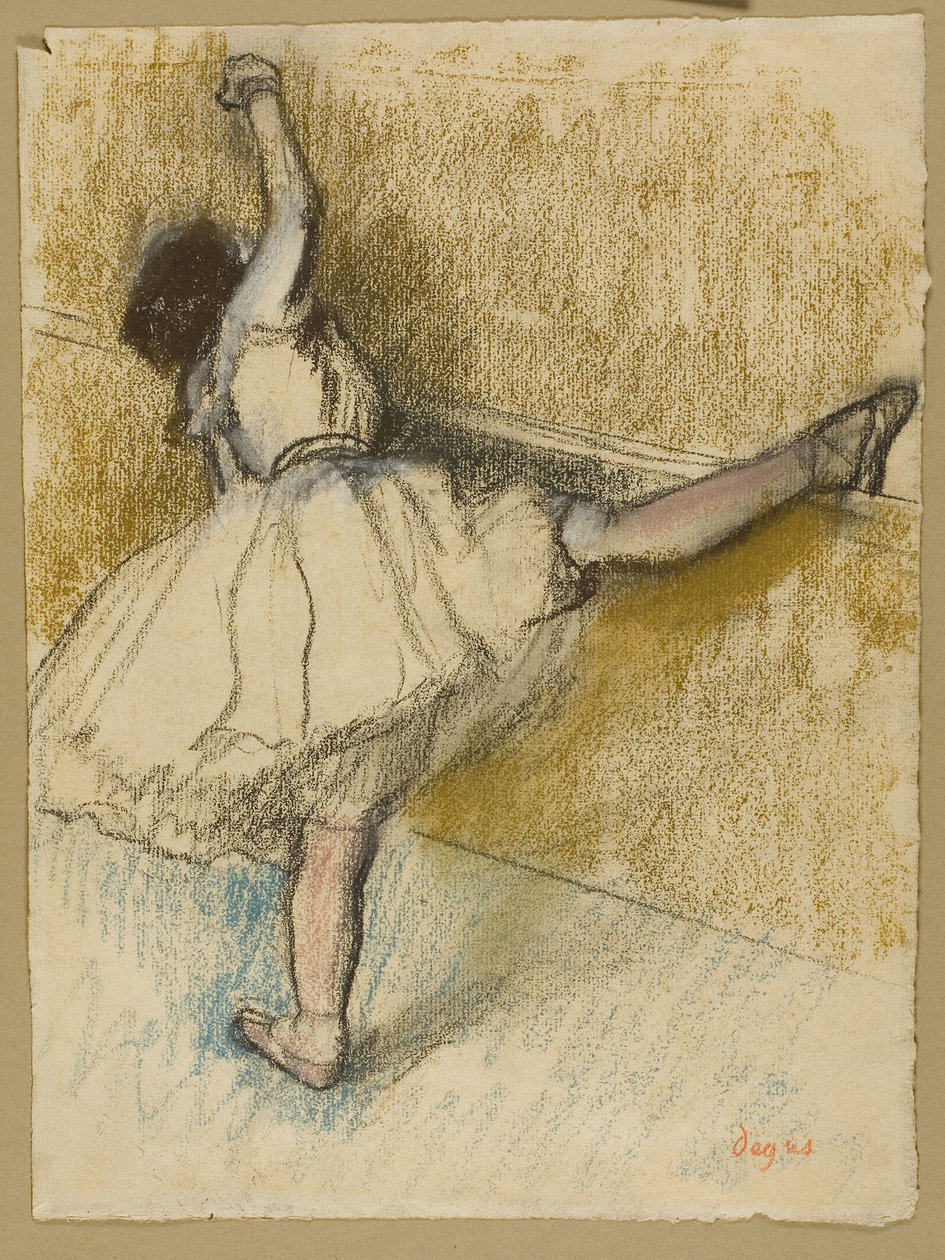 Dansare som sträcker sig vid baren av Edgar Degas