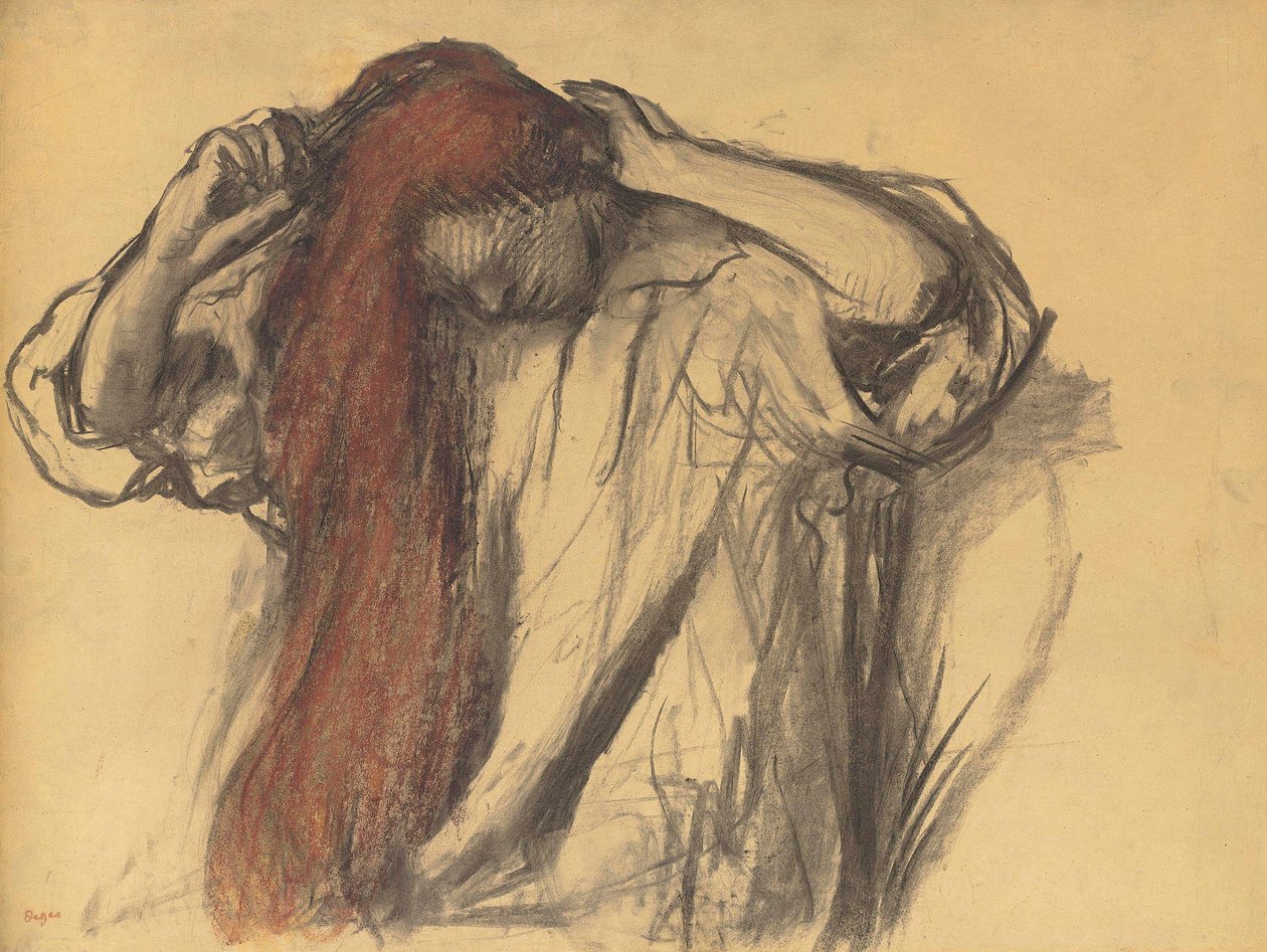 Kvinna som stylar sitt hår av Edgar Degas