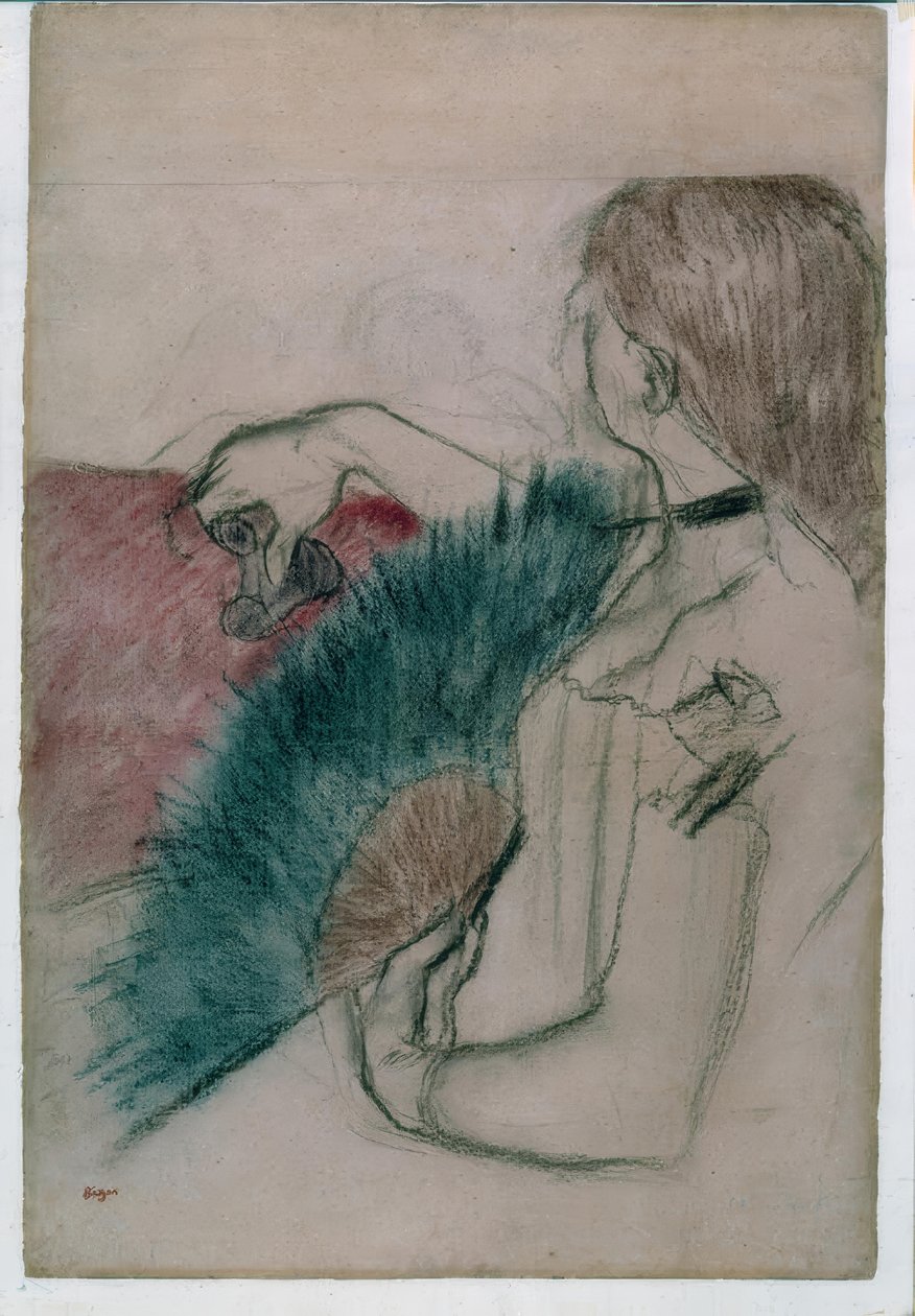 På teatern: kvinna med fläkt av Edgar Degas