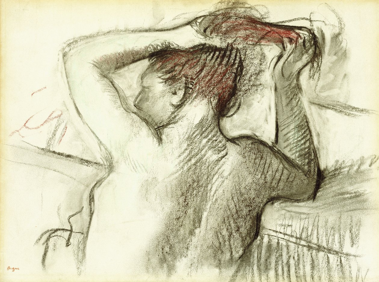 Naken kvinna som stylar hennes hår av Edgar Degas